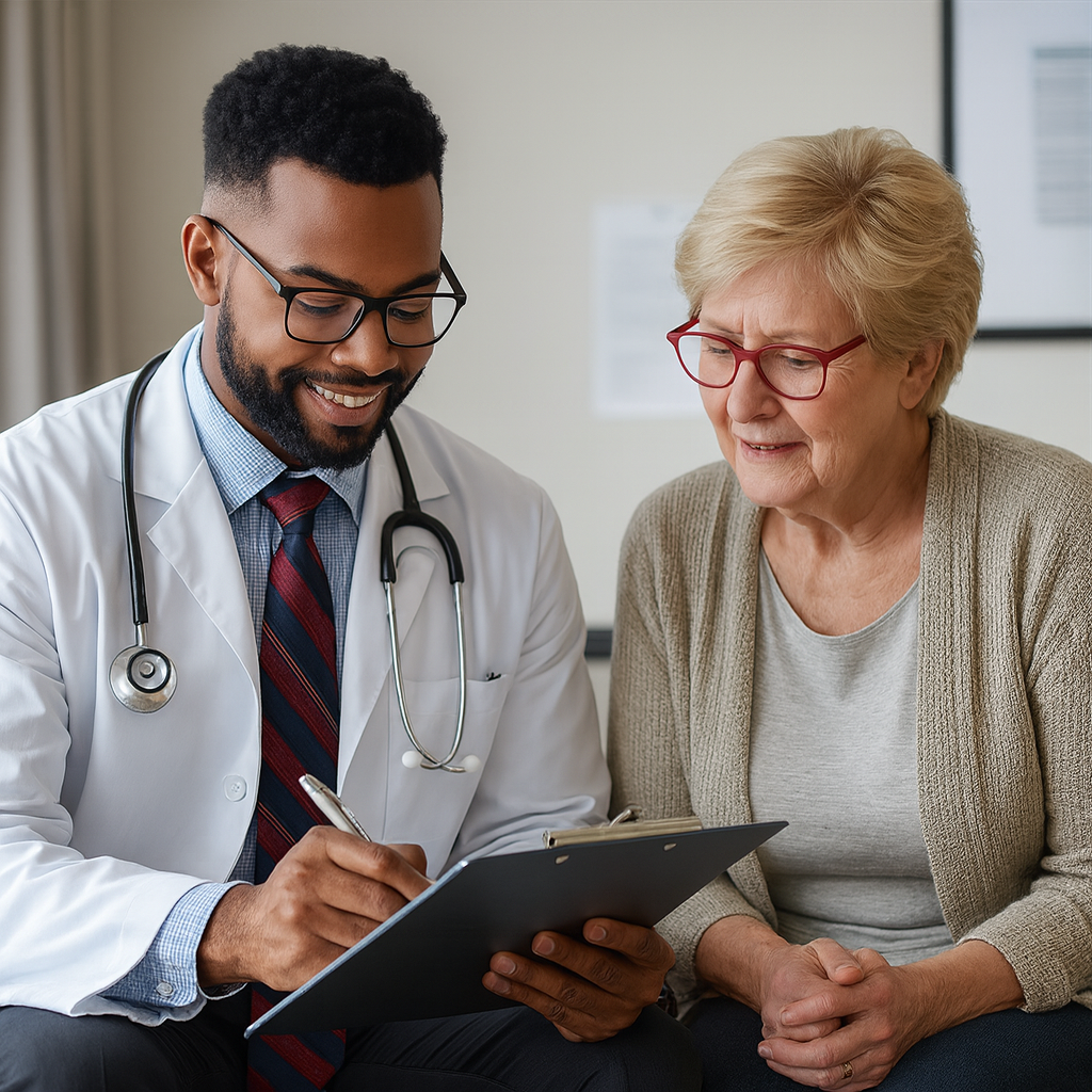 doctor showing a patient his findings from a decision support system